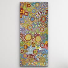 Load image into Gallery viewer, Vertical view of Budgerigar Story &amp; Bush Tucker Aboriginal artwork by Julieanne Nungurrayi Turner showing detailed composition
