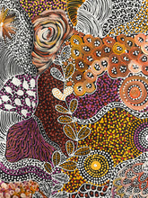 Load image into Gallery viewer, Close-up of Janet Golder Kngwarreye&#39;s 180cm x 116cm painting &quot;My Country&quot; from Utopia, Northern Territory, Australia, showing detailed Aboriginal designs and vibrant colours.

