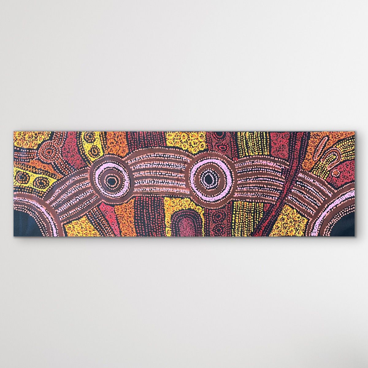 horizontal view Aboriginal artwork by Clarise Tunkin traditional natural red orange and yellow colours