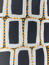 Load image into Gallery viewer, Walala original indigenous painting up close, wite and yellow on black canvas. 
