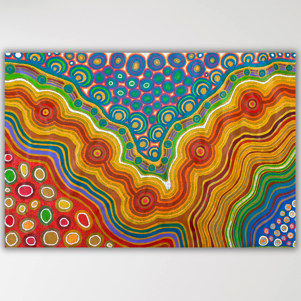 "Wanampi Tjukurpa (Piltati)" Megan Lyons 177cm x 118cm - concentric circles and wavy bands in red, orange, yellow, green, blue and purple