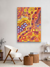 Load image into Gallery viewer, Living area with Aboriginal art on wall from Adelaide "Wanampi Tjukurpa (Piltati)" Megan Lyons 145cm x 100cm
