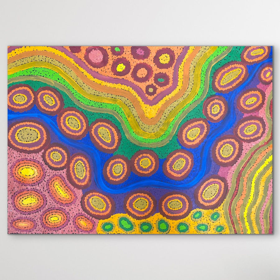 Wanampi Tjukurpa (Piltati) by Megan Lyons, authentic Aboriginal art measuring 81cm x 58cm, inspired by the sacred Water Snake Dreaming from the APY Lands, available from Art by Farquhar