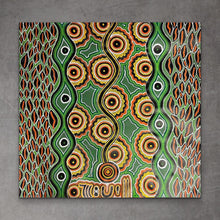 Load image into Gallery viewer, A vibrant indigenous artwork featuring a geometric pattern with circles and lines in various colors on a black background. &quot;Warlukurlangu Jukurrpa&quot; (Fire Dreaming) Vivienne Nakamarra Kelly 95cm x 95cm yuendemu artist australia red green black yellow
