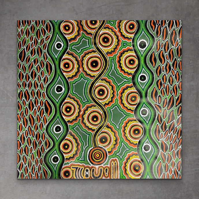A vibrant indigenous artwork featuring a geometric pattern with circles and lines in various colors on a black background. 