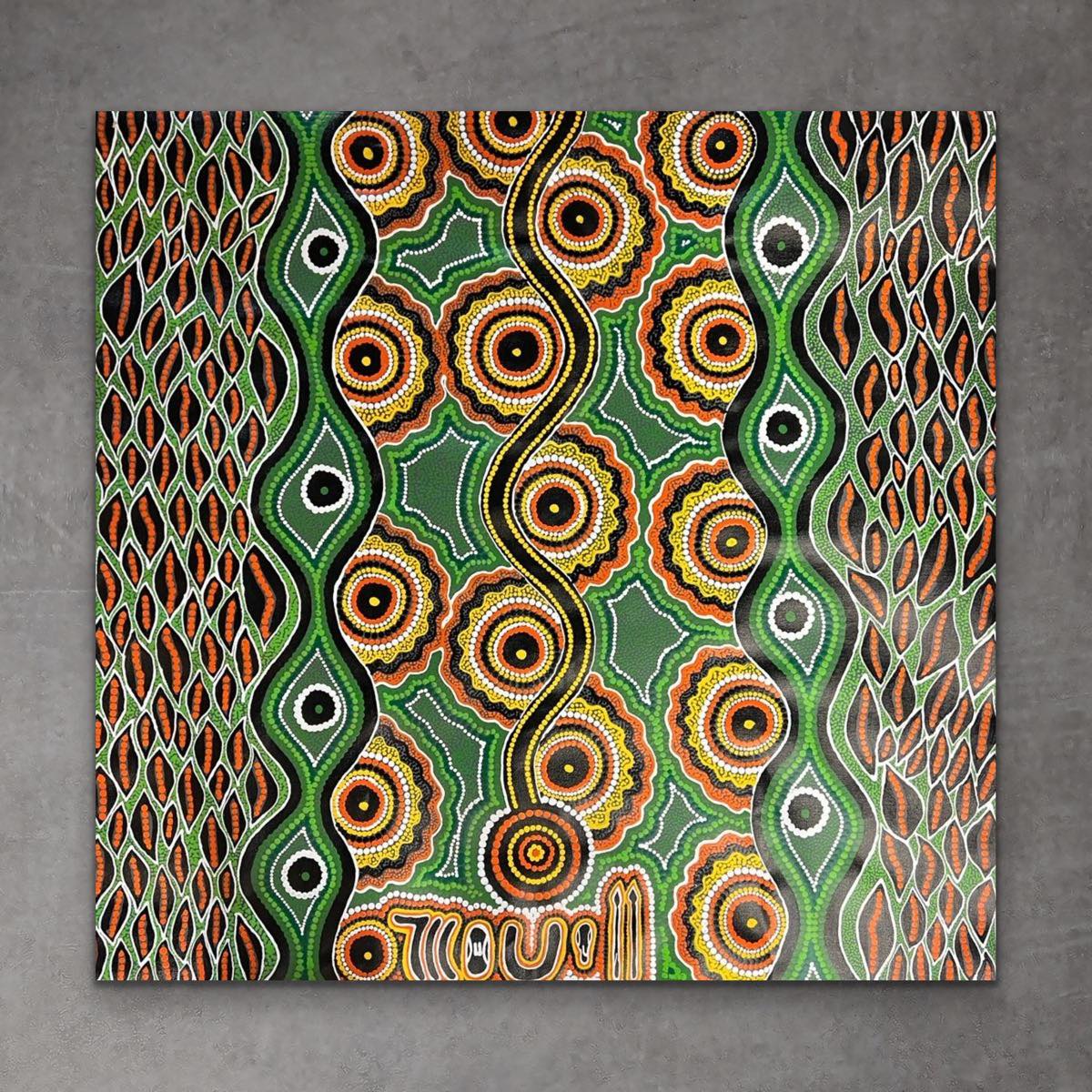 A vibrant indigenous artwork featuring a geometric pattern with circles and lines in various colors on a black background. 