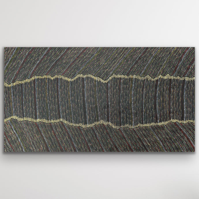 Horizontal view of large Aboriginal Water Dreaming painting with flowing lines