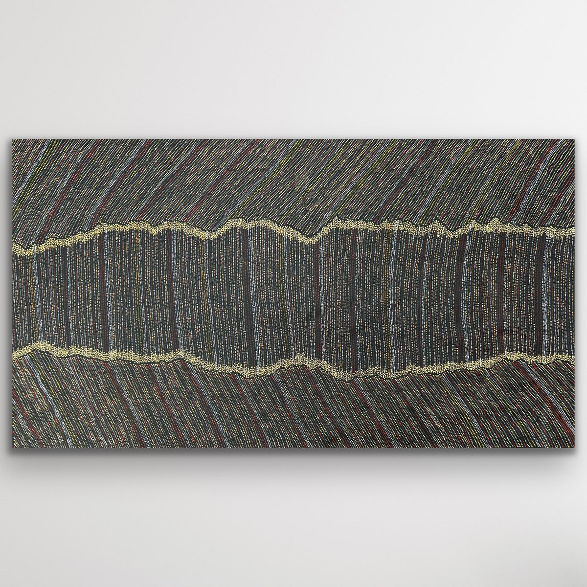 Horizontal view of large Aboriginal Water Dreaming painting with flowing lines