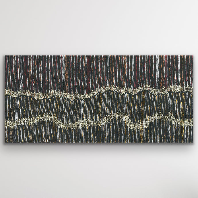 Horizontal view of Aboriginal Water Dreaming artwork with flowing dot lines