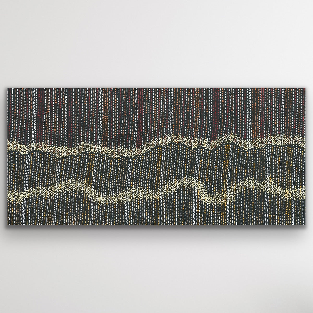 Horizontal view of Aboriginal Water Dreaming artwork with flowing dot lines