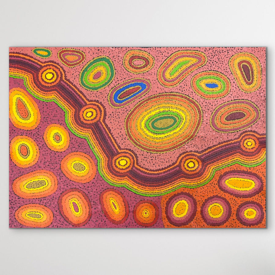 Wati-Ngintaka Tjukurrpa (Angatja Homeland) by Megan Lyons, authentic Aboriginal art measuring 82cm x 58cm, available from Art by Farquhar