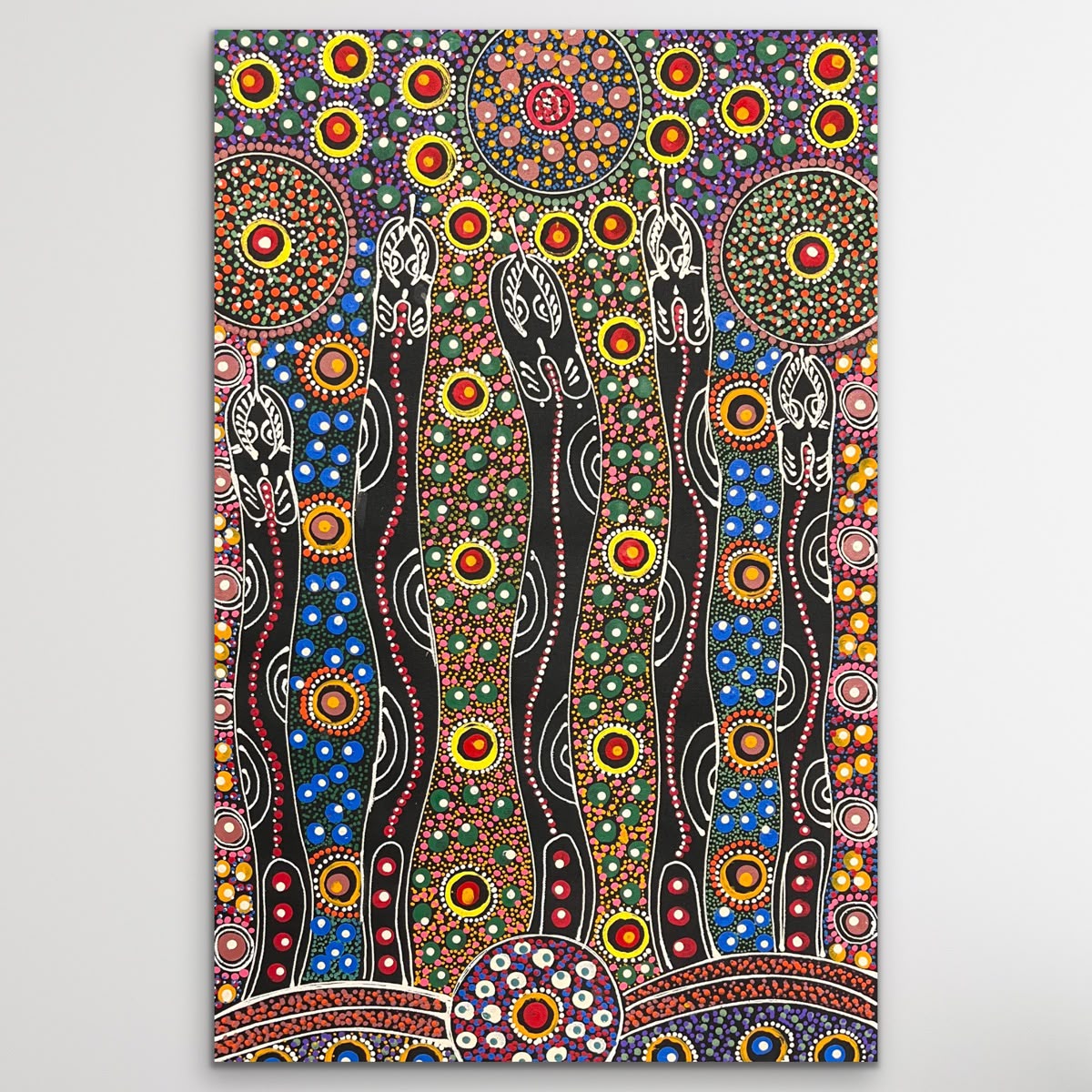 "Dreamtime Sisters" original Aboriginal painting by Cindy Wallace, 72cm x 45cm - authentic Indigenous Australian artwork