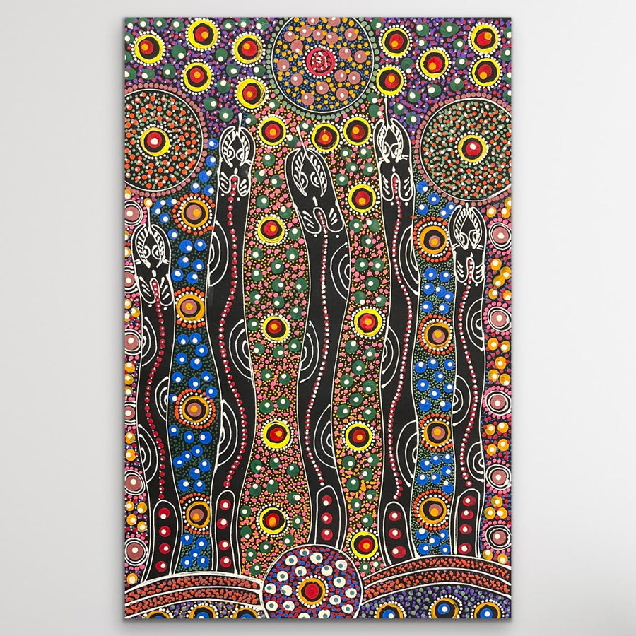 "Dreamtime Sisters" original Aboriginal painting by Cindy Wallace, 72cm x 45cm - authentic Indigenous Australian artwork