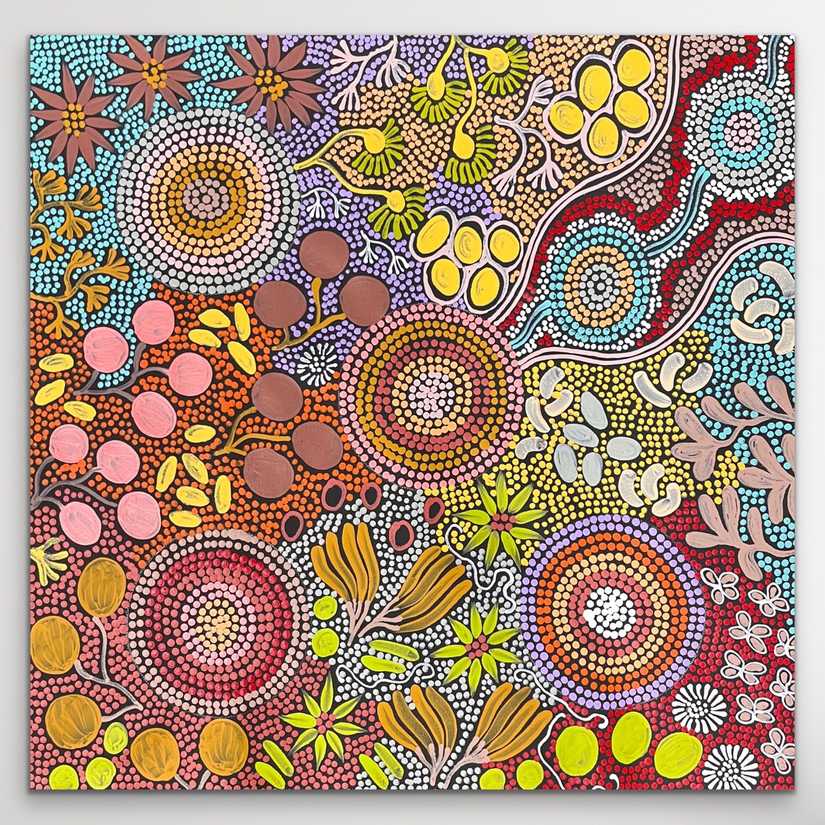 "Budgerigar Dreaming" original Aboriginal painting by Julieanne Turner Nungurrayi, 61cm x 60cm - authentic Indigenous Australian artwork