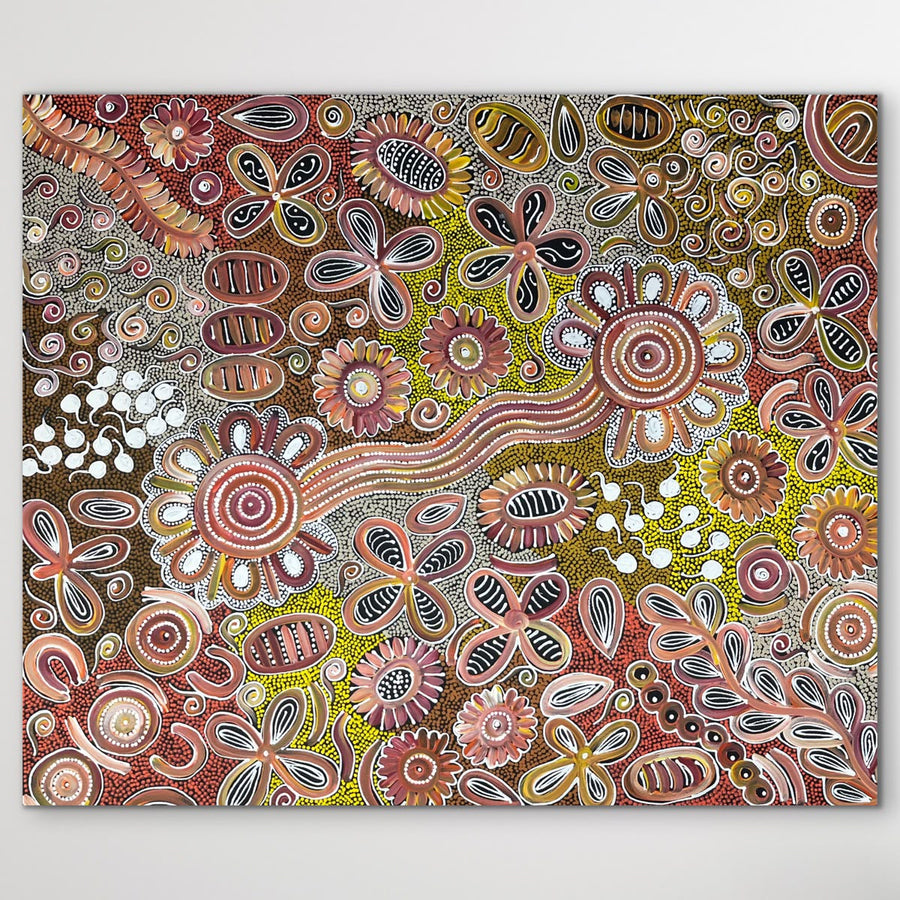"Bush Flowers" original Aboriginal painting by Bernadine Johnson Kemarre, 88cm x 71cm - authentic Indigenous Australian artwork