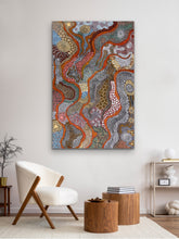 Load image into Gallery viewer, "My Country (The Landscape)" Aboriginal painting by Julieanne Turner Nungurrayi displayed in modern room setting
