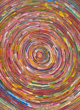 Load image into Gallery viewer, Original Aboriginal artwork Circle of Life by Bernadine Johnson Kemarre, 99cm x 72cm, featuring vibrant concentric circles and colourful traditional patterns, available from Art by Farquhar.
