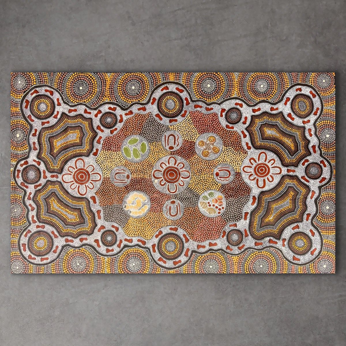 "Women Gathering Bush Tucker" original Aboriginal painting by Kianne Nakamarra Williams, 143cm x 91cm - authentic Indigenous Australian artwork