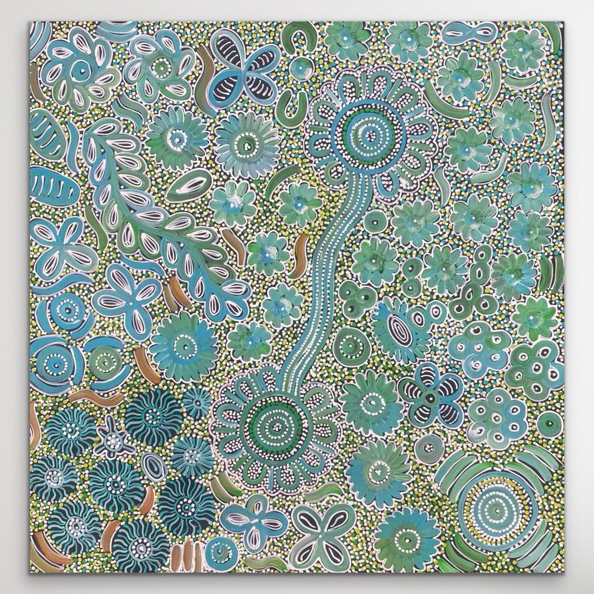 "Bush Flower" original Aboriginal painting by Bernadine Johnson Kemarre, 94cm x 92cm - authentic Indigenous Australian artwork