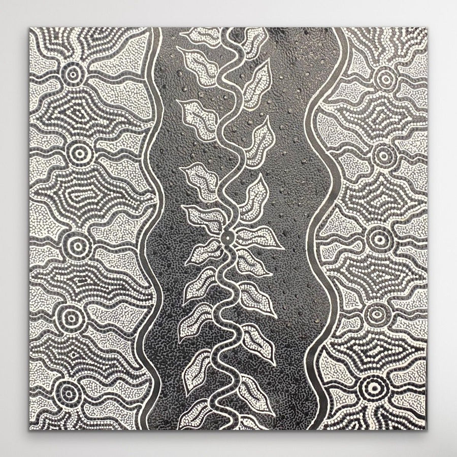 "Snake Vine Dreaming" original Aboriginal painting by Vivienne Nakamarra Kelly, 59cm x 61cm - authentic Indigenous Australian artwork