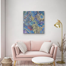 Load image into Gallery viewer, Living room with a pink sofa, &quot;My Country (Utopia)&quot; Janet Golder Kngwarreye 94cm x 90cm painting, and gold lamp.
