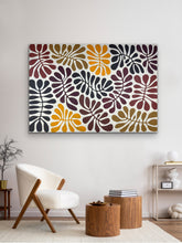 Load image into Gallery viewer, "Bended Acacia Leaves (Watiya Tjuta)" Debra Nangala McDonald 147cm x 101cm Papunya artwork from N.T. displayed on wall
