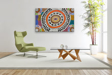 Load image into Gallery viewer, Colourful Lake MacDonald ceremonial story painting featuring traditional body paint patterns, by Debra Nangala McDonald, 146 × 89 cm.
