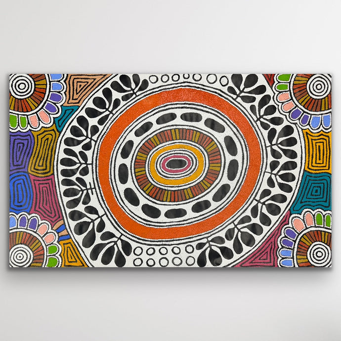 Vibrant Aboriginal body paint ceremonial artwork by Debra Nangala McDonald, acrylic on canvas, 146 × 89 cm.