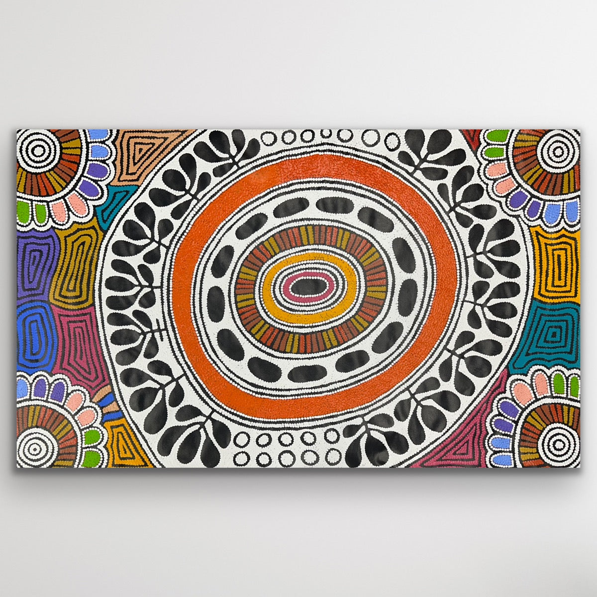 Vibrant Aboriginal body paint ceremonial artwork by Debra Nangala McDonald, acrylic on canvas, 146 × 89 cm.