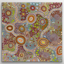 Load image into Gallery viewer, Full view of Women’s Ceremony by Julieanne Nungurrayi Turner showing dense circular forms, ceremonial pathways and intricate dot work.
