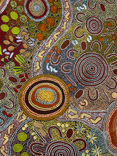 Load image into Gallery viewer, Detailed section capturing fine line work, overlapping motifs and colour variation across the painting.
