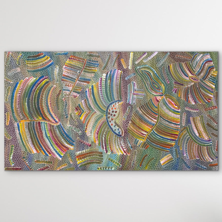 "Yam Dreaming" Jedda Purvis Kngwarreye 154cm x 87cm dots, lines, and curved stripes in a wide variety of colours including blue, green, yellow, pink, and orange, displayed on a neutral light gray wall.