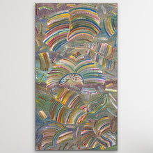 Load image into Gallery viewer, "Yam Dreaming" Jedda Purvis Kngwarreye 154cm x 87cm multicoloured dotted patterns and layered curved shapes on a light gray wall.
