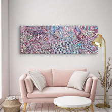 Load image into Gallery viewer, Living room with a pink sofa, white ottoman, and colorful Aboriginal painting on the wall. Rachael Nambula 199cm x 73cm
