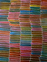 Load image into Gallery viewer, Macro view of Yam Dreaming by Jeannie Mills Pwerle showing intricate Aboriginal dot technique and rainbow hues 213cm x 104cm
