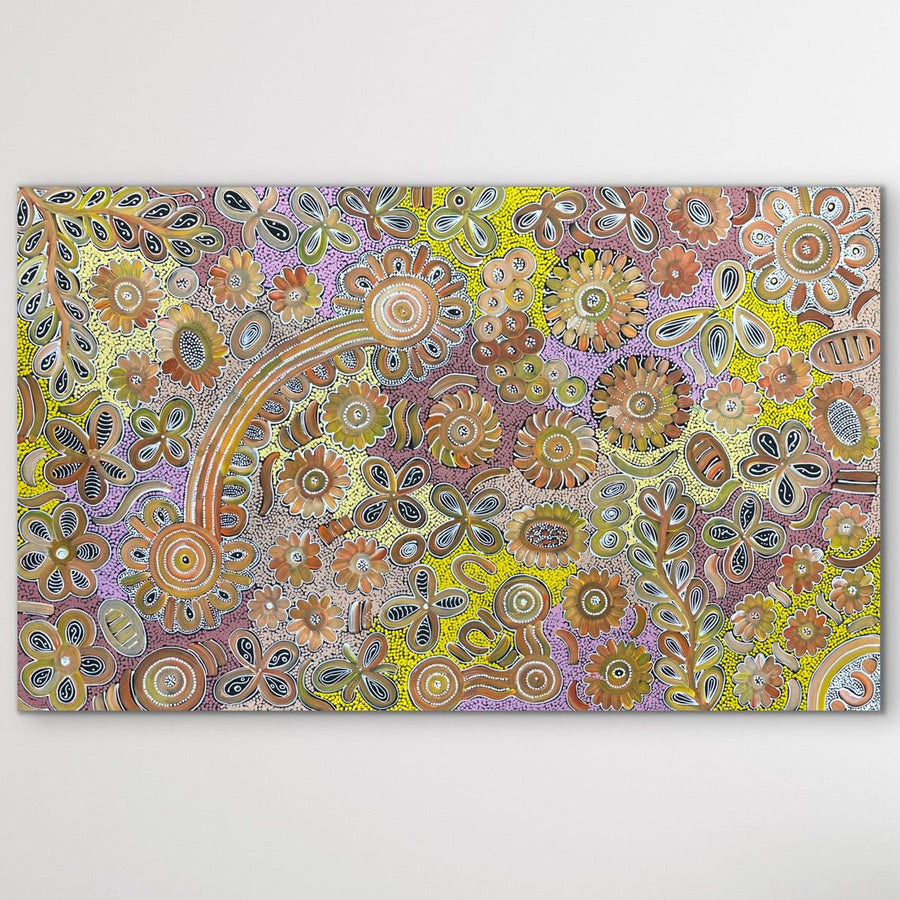 "Bush Flowers" original Aboriginal painting by Bernadine Johnson Kemarre, 141cm x 88cm - authentic Indigenous Australian artwork