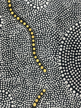Load image into Gallery viewer, Aboriginal Bush Onion art by Nancy Martin Napangarti 143cm x 87cm, authentic Indigenous canvas with gold-lined pathways.
