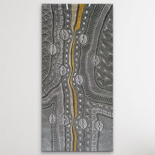 Load image into Gallery viewer, Large canvas painting &quot;My Country&quot; by Indigenous artist Delvine Pitjara, illustrating Country with soft earthy tones and traditional symbolism, vertical on white wall
