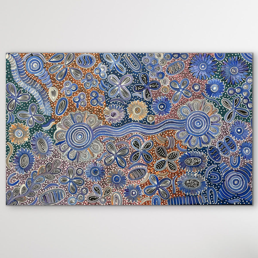 "Bush Flowers" original Aboriginal painting by Bernadine Johnson Kemarre, 106cm x 66cm - authentic Indigenous Australian artwork