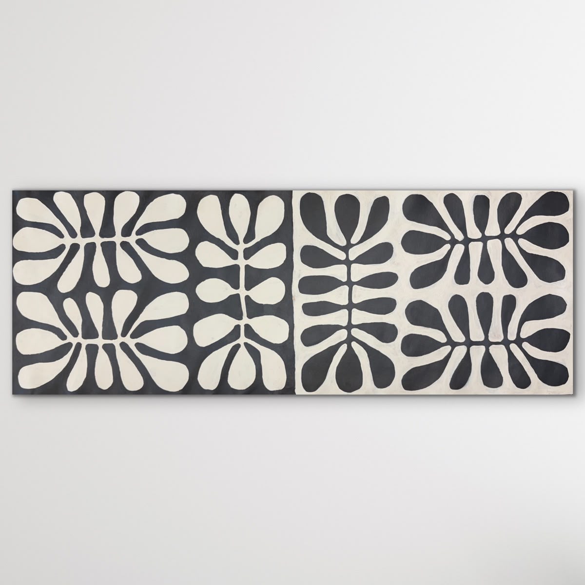 Black and white Aboriginal painting "Acacia Leaves (Watiya Tjuta)" by Debra Nangala McDonald 117cm x 42cm