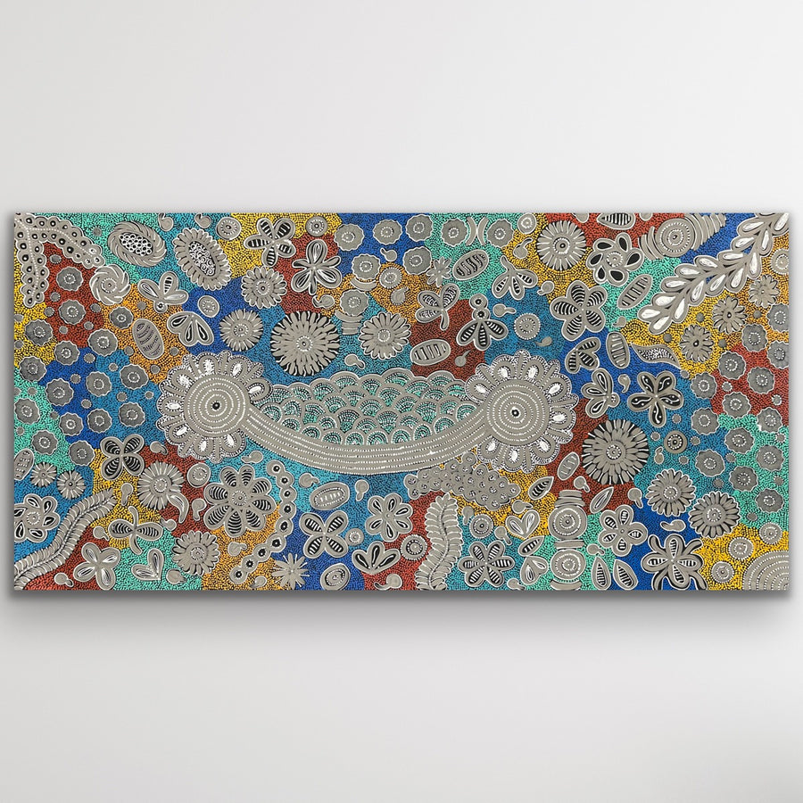 Bush Flowers Aboriginal painting by Bernadine Johnson Kemarre, Utopia Indigenous dot artwork 180 x 89 cm