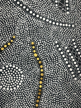 Load image into Gallery viewer, Indigenous Bush Onion dot painting by Nancy Martin Napangarti 143cm x 87cm, intricate white dots highlighted with shimmering gold.
