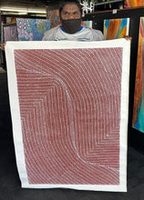Load image into Gallery viewer, Bush Onion painting by Tansy Martin displayed upright in gallery, intricate dot painting glowing with earthy red and white tones.
