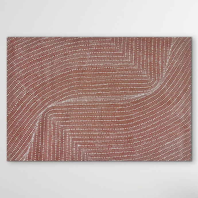 Bush Onion painting by Tansy Martin against a white wall, showcasing the full canvas and intricate Aboriginal dot work.