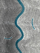 Load image into Gallery viewer, Abstract pattern with wavy lines in teal on a black and white background
