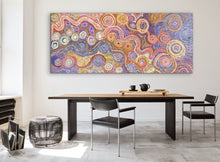 Load image into Gallery viewer, Contemporary Aboriginal art Piltati Tjukurpa vibrant desert Dreamtime design displayed on wall
