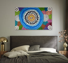 Load image into Gallery viewer, "Women's Body Paint" by Debra Nangala McDonald displayed in modern living room - original Aboriginal painting, 148cm x 90cm
