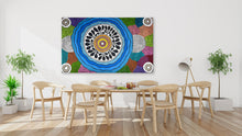 Load image into Gallery viewer, "Women's Body Paint" by Debra Nangala McDonald in contemporary interior setting - authentic Indigenous Australian artwork, 148cm x 90cm

