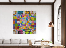 Load image into Gallery viewer, "Women's Body Paint" by Debra Nangala McDonald displayed on wall - original Aboriginal painting, 152cm x 148cm
