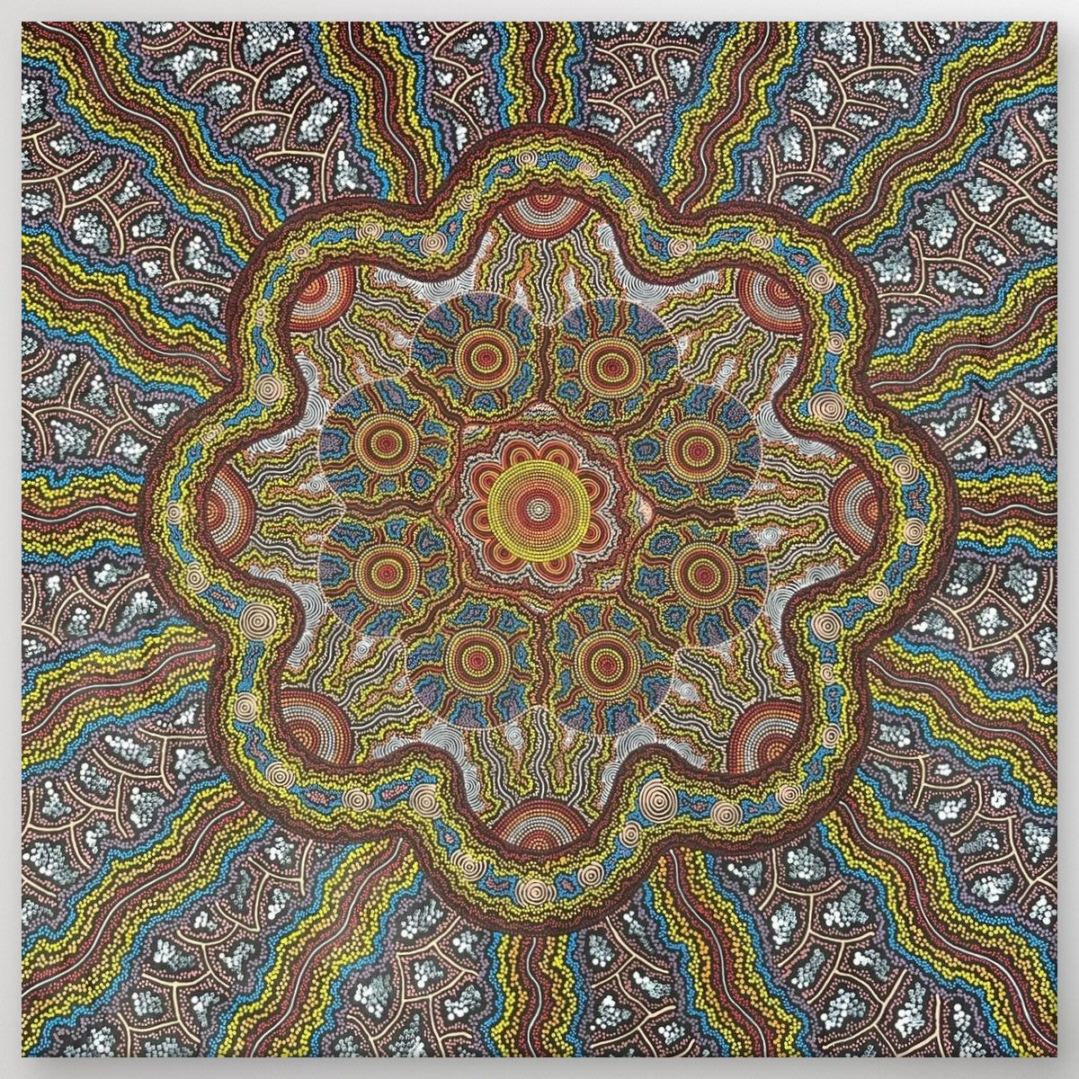 "Wild Flower" original Aboriginal painting by Farron Furber Jampitjinpa, 138cm x 138cm - authentic Indigenous Australian artwork